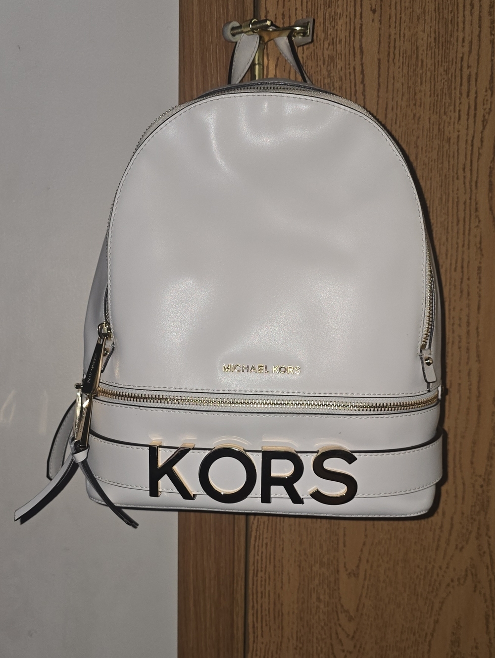 Michael Kors White Leather Mini Backpack with Gold Hardware and KORS Logo